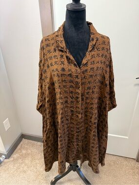 Meng Design Brown Alphabet Printed Button Down Oversized Blouse Tunic Top 3X